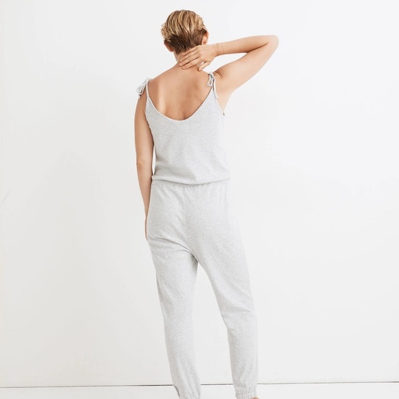 Madewell Knit Pointelle Tie-Strap Pajama Jumpsuit Heather Baby Grey Size Small - Picture 4 of 8